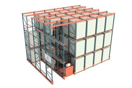 High-density drive-in pallet racking system filled with deep-lane white-wrapped pallets.