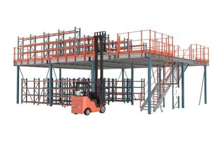 Large structural steel mezzanine platform built over ground-level pallet racking, featuring an orange forklift, stairs, and safety railings.