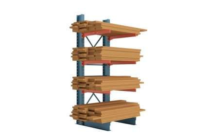 Lumber storage rack with blue uprights and orange arms fully loaded with stacks of wood and lumber.