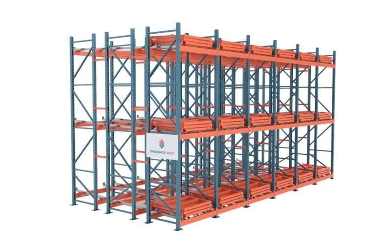 High-density pushback pallet racking system with multiple deep lanes of orange rails on blue uprights.