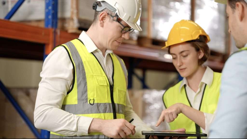 warehouse employees talking and looking at tablet | Speedrack West