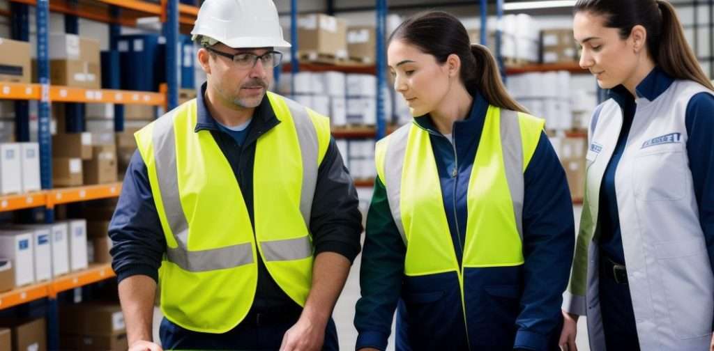 three warehouse employees talking | speedrack west