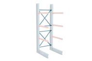 Blue powder-coated steel cantilever bracing kit that provides stability between structural uprights.