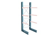 Blue structural steel cantilever upright and base assembly shown with three orange arms attached for single-sided storage.
