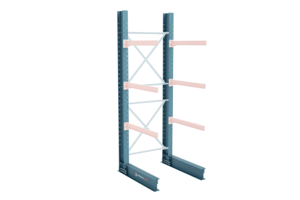 Blue structural steel cantilever upright and base assembly shown with three orange arms attached for single-sided storage.