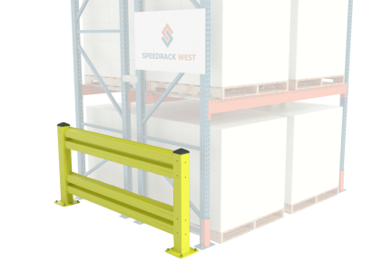 Yellow structural steel guard rail installed in front of a pallet rack upright for impact protection against forklifts.