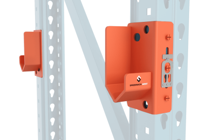 Specialized reel brackets attached to pallet rack beams for storing large spools of wire or cable.